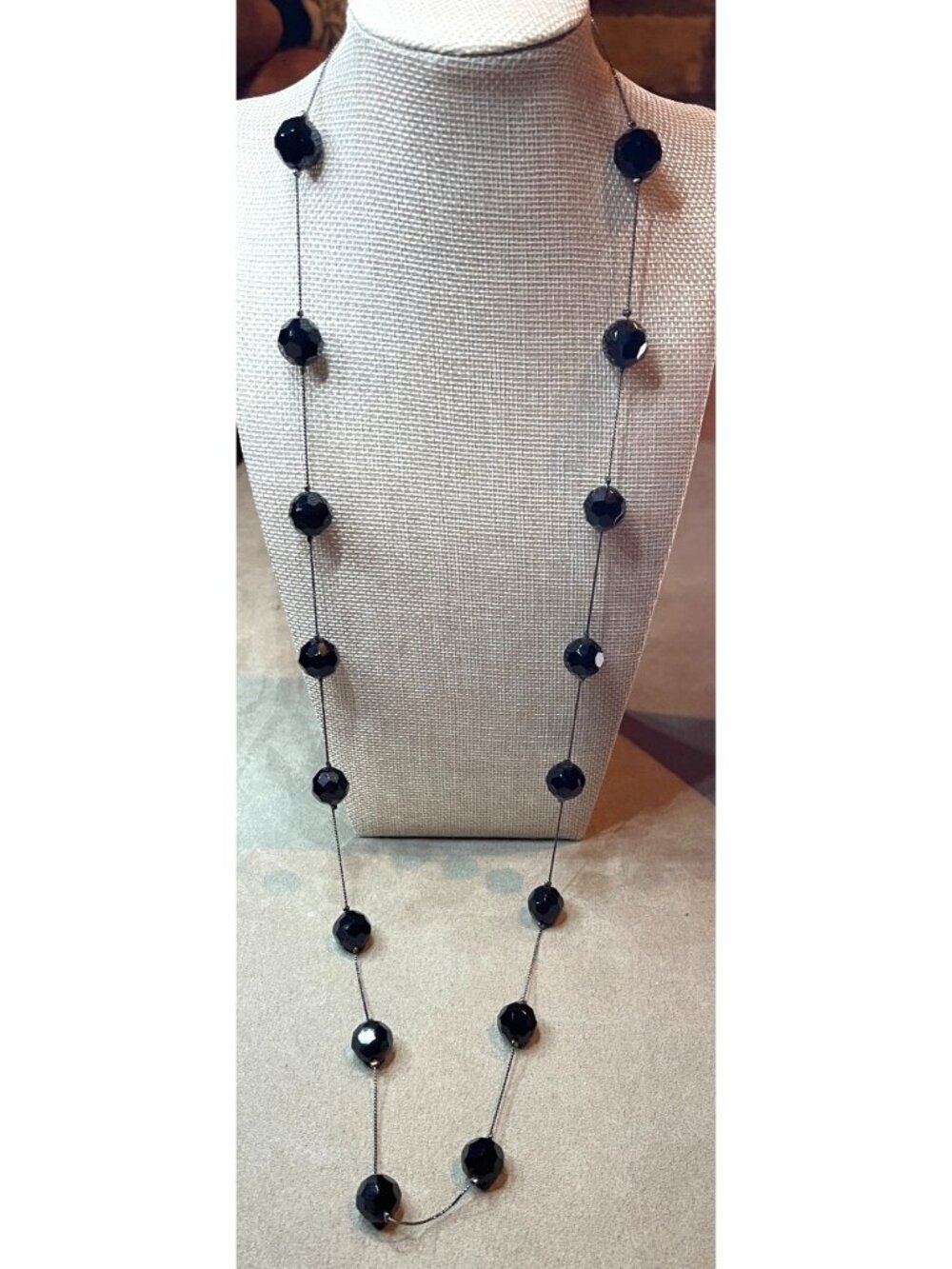 Vintage 70s Unbranded Faceted Jet Black Glass Beaded Station Necklace 36"